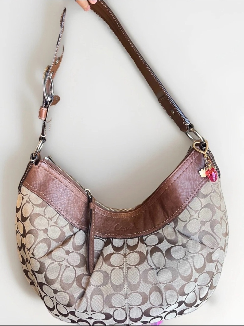 Coach Brown Signature Hobo with Leather Trim